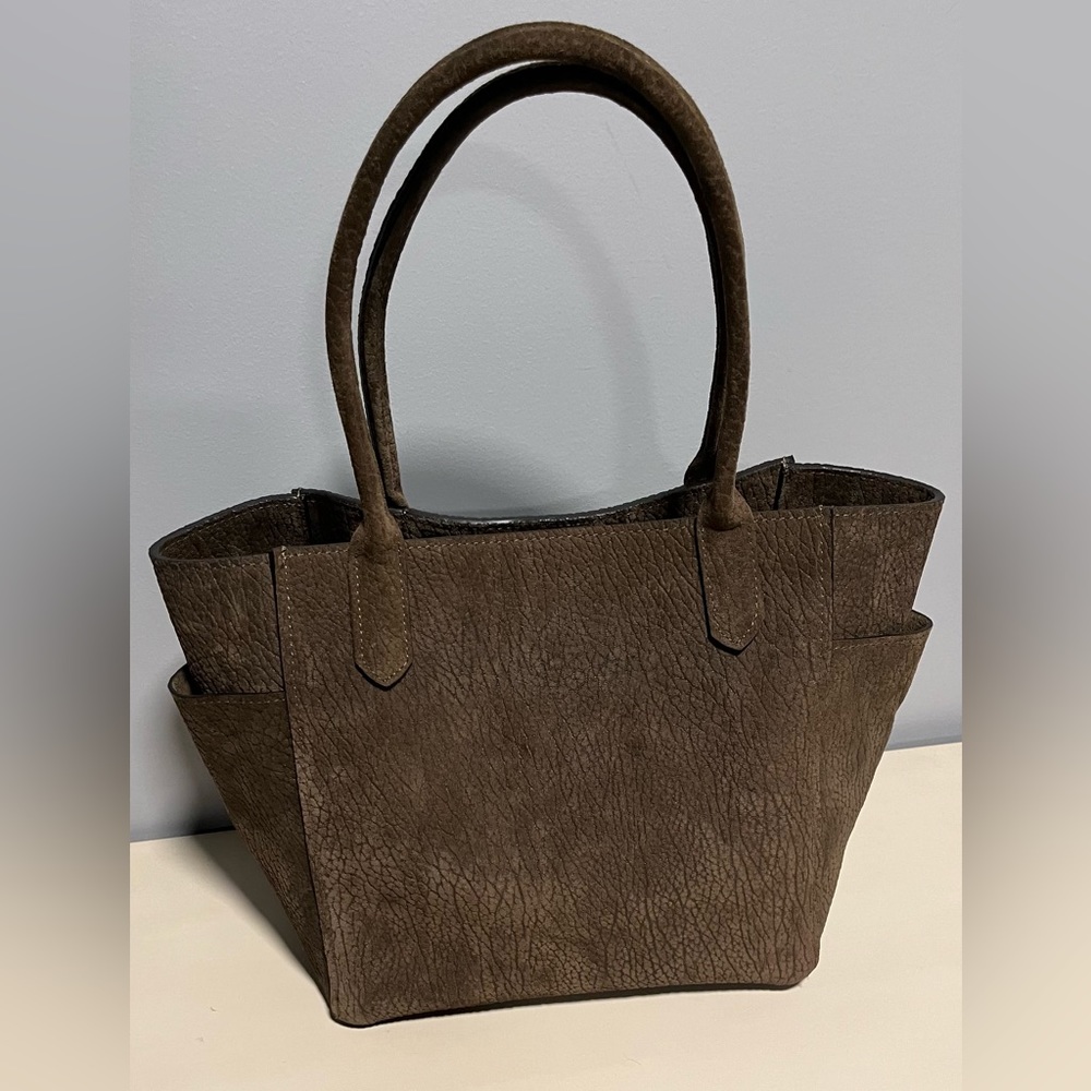 B May small pocket tote Olive embossed suede new with tag
